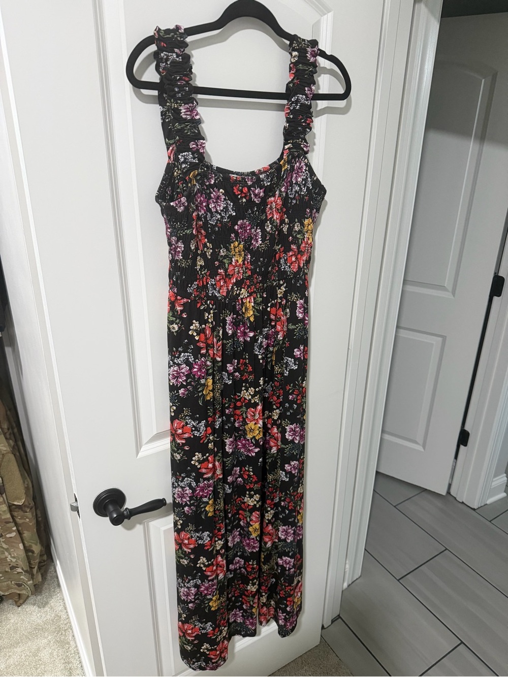 Black Floral Smocked Maxi Dress with Ruffled Straps